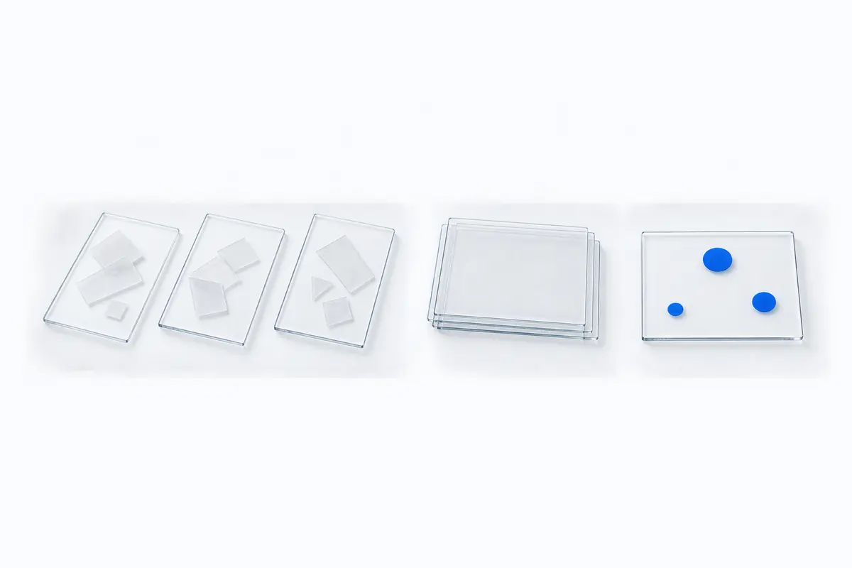 A conceptual evidence study: loose fragments on glass slides become an aligned record, oriented by three isolated blue registration points.
