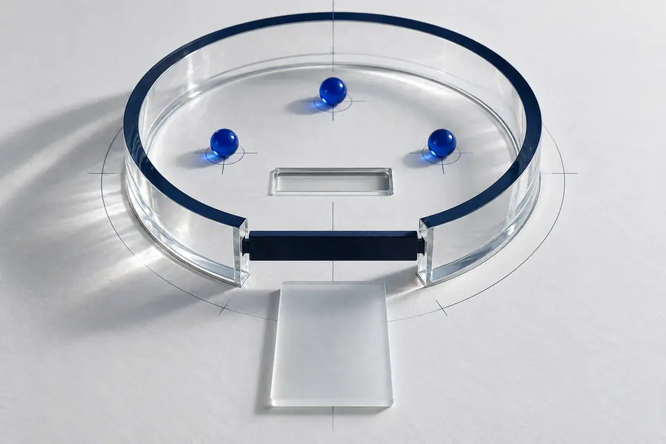 A conceptual permission boundary: an action slip waits outside a glass enclosure, stopped by a solid bar before the receiving slot.