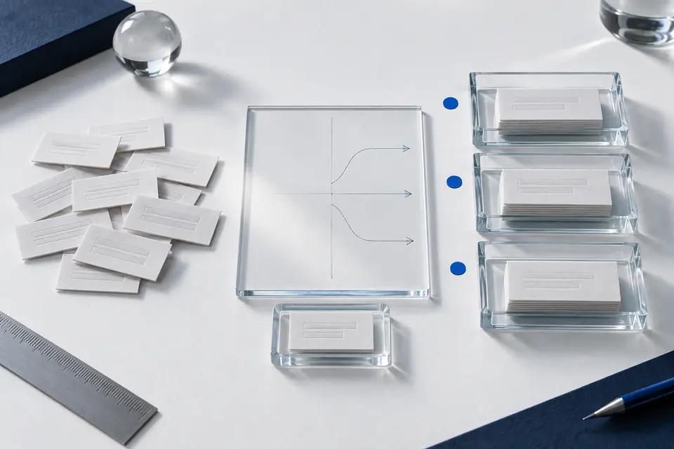 A conceptual sorting study: loose message slips become three organized trays, with one slip set aside for review.