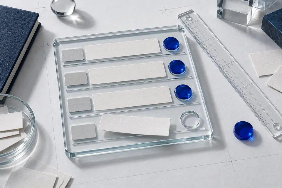 A conceptual glass ledger: original paper notes stay in their rows beside suggested blue markers; an incomplete row is left unresolved.